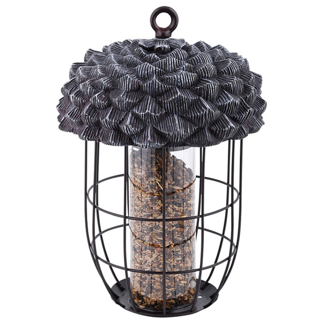 Acorn Silo Feeder with glass tube filled with seeds; features a decorative acorn cap and durable mesh design. Holds 1/2 lb. of birdseed.