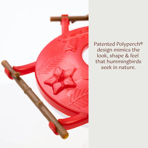 Red Polyperch hummingbird feeder with text on a white background