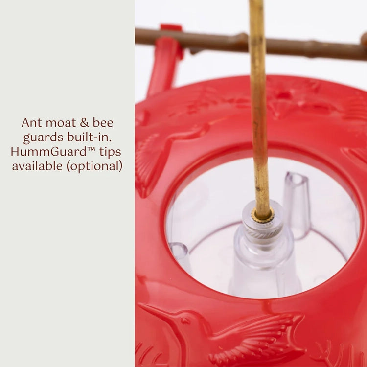Red bird feeder with ant moat and bee guards, showing a close-up of the design.