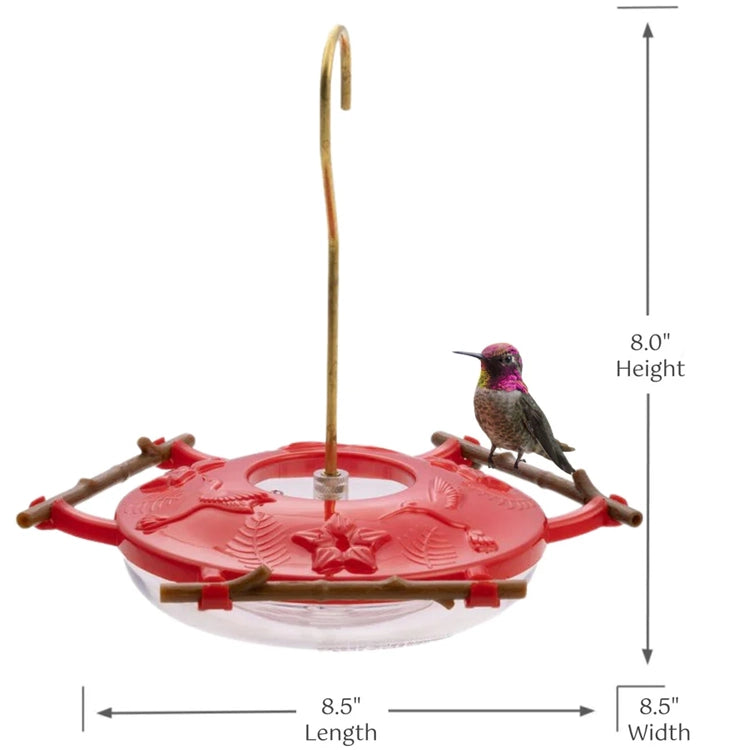 Red hummingbird feeder with dimensions labeled on a white background