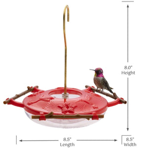 Red hummingbird feeder with dimensions labeled on a white background