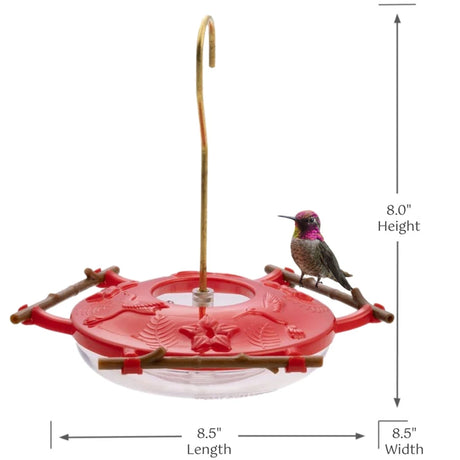 Red hummingbird feeder with dimensions labeled on a white background