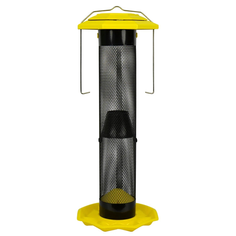 Funnel Flip-Top Mesh Finch Feeder, a black mesh cylinder with a wide opening, durable roof, and easy-to-clean base for attracting vibrant finches.