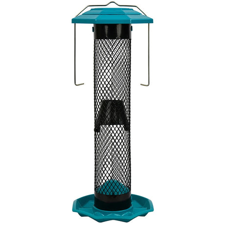 Funnel Flip-Top Mesh Sunflower Feeder with a sturdy metal roof, mesh sides, and a built-in funnel for easy filling and cleaning.