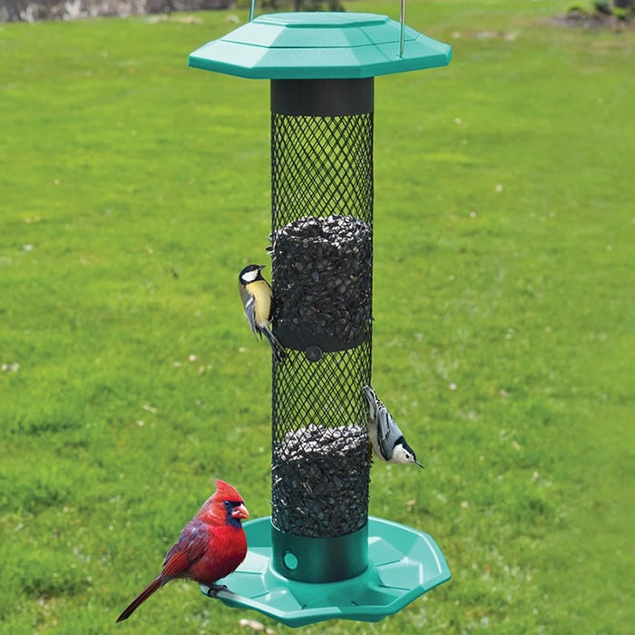 Funnel Flip-Top Mesh Sunflower Feeder with multiple birds perched, showcasing its easy-fill design, even feed baffle, and durable mesh construction.