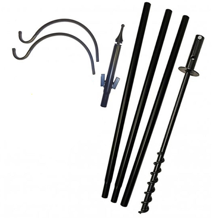 Two Arm Feeding Station with Twister Ground Socket, featuring a tall black pole with two arms for hanging bird feeders, crafted from rust-resistant steel.