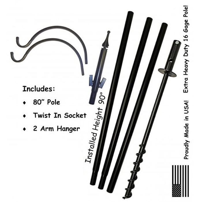 Two Arm Feeding Station with Twister Ground Socket, featuring a tall, sectional black pole with two arms for hanging bird feeders or flowers.