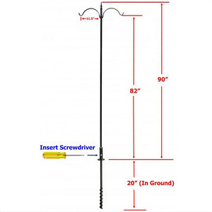 Two Arm Feeding Station with Twister Ground Socket; a tall metal pole with two arms for bird feeders, includes a sturdy ground socket for stability.