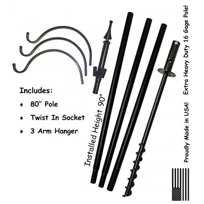 Three Arm Feeding Station with Twister Ground Socket, featuring black metal poles and three curved arms, designed for hanging bird feeders or flowers.