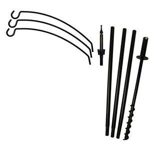 Set of black metal hooks and stakes on a white background