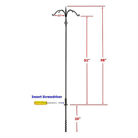 Super Tall Quad Hanger with Twister Ground Socket, featuring four hand-forged arms, detailed swirled center, and a sectional pole with measurement markings.