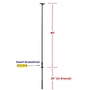 Heavy Duty Pole & Twister with screwdriver; three-piece metal pole system, twist-in ground-socket, flat mounting plate, 80 inches tall, 1-inch diameter, black powder coated finish.