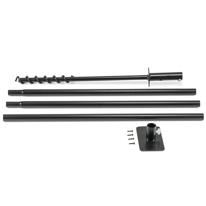 Heavy Duty Pole & Twister with screws, a black metal rod system, includes sectional pole, mounting hardware, and ground socket for birdhouse stability.