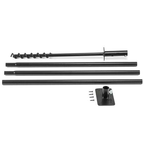 Heavy Duty Pole & Twister with screws, a black metal rod system, includes sectional pole, mounting hardware, and ground socket for birdhouse stability.