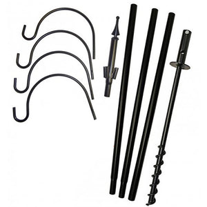 Super Tall Quad Hanger featuring a group of black metal rods forming a heavy-duty, rust-resistant 90-inch pole with four arms for hanging feeders or flowers.