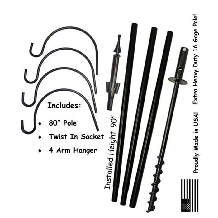 Super Tall Quad Hanger with four black metal arms for feeders or flowers, includes sectional pole and ground socket for stability and easy assembly.