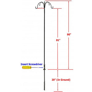 Super Tall Quad Hanger: Long metal pole with four extended arms for feeders or flowers, includes a screwdriver and 20-inch ground socket for stability.