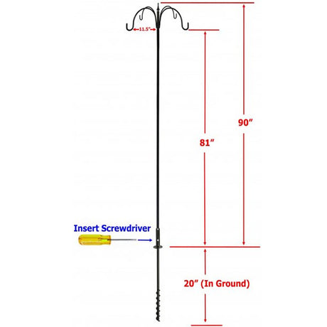 Super Tall Quad Hanger: Long metal pole with four extended arms for feeders or flowers, includes a screwdriver and 20-inch ground socket for stability.