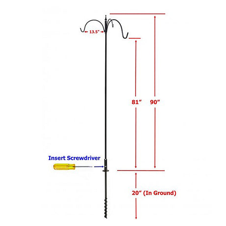 Super Tall Trio Hanger with three arms, each with 13.5-inch reach, shown as a tall, sectional pole ideal for hanging feeders or flowers, ensuring stability and easy assembly.