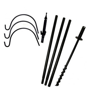 Super Tall Trio Hanger, a black metal pole with three arms for hanging feeders or flowers, featuring a 20-inch ground socket for stability.