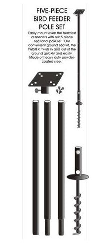 Heavy Duty Pole & Twister with mounting hardware, featuring a twist-in ground socket and sectional pole for stable installation of heavy feeders or birdhouses.