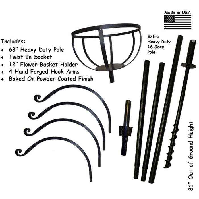 Four Arm Heavy Duty Pole with Twister & Flower Basket, featuring metal arms and sections for bird feeders and flower pots, illustrated in a detailed sketch.