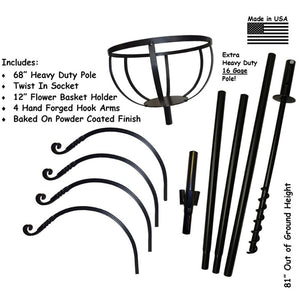 Four Arm Heavy Duty Pole with Twister & Flower Basket, featuring metal arms and sections for bird feeders and flower pots, illustrated in a detailed sketch.