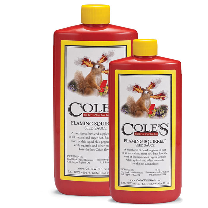 Cole's Flaming Squirrel Seed Sauce bottles with yellow caps, featuring a label of a squirrel with flames, repels squirrels from bird feeders.