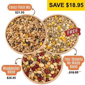 3 Bowls of birdseed from a birds eye view, specifically: Woodpecker Blend, Fancy Finch Mix, and Four Seasons No-Waste