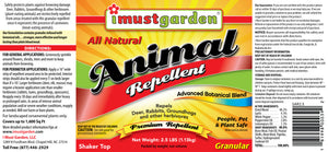 Granular Animal Repellent, 2.5 lbs. label, detailing its effective, humane, and environmentally safe properties for repelling deer, rabbits, and groundhogs.