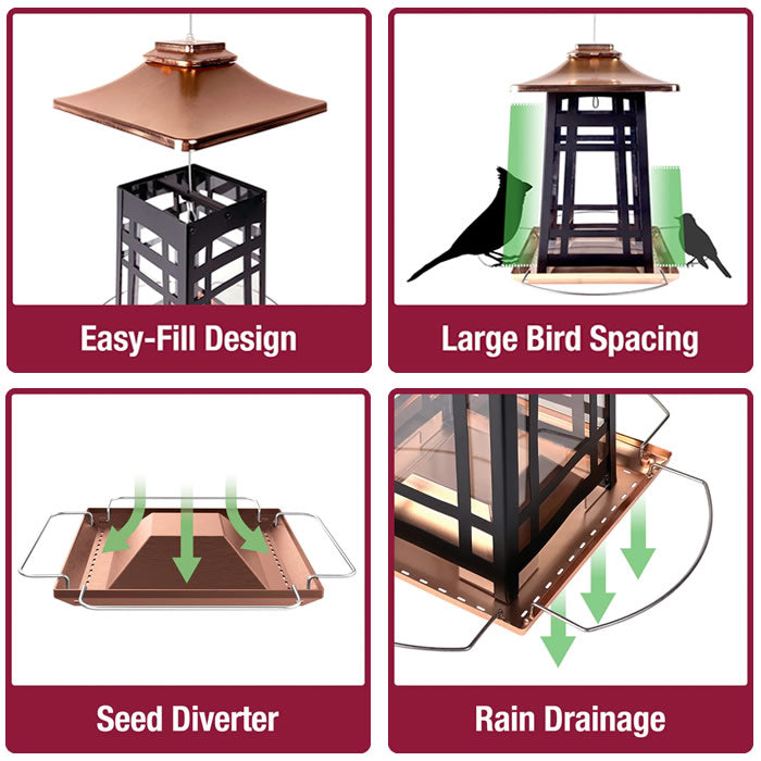 Copper Arches Metal Gazebo Feeder: collage showing various bird feeders, including a bird on a branch and a close-up of a metal frame.