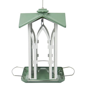 Nature's Way Country Cottage Gazebo Metal Bird Feeder with a green roof, extended perches, and four feeding sides, ideal for backyards.