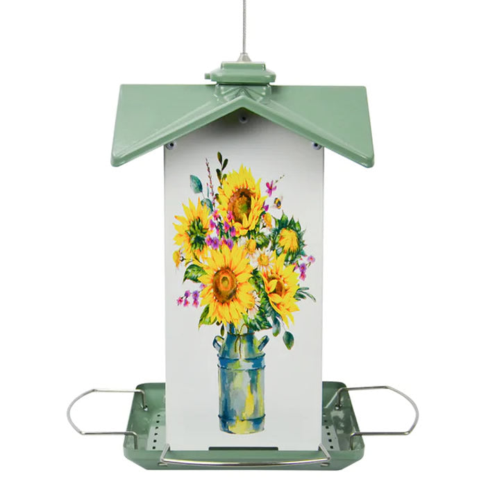 Nature's Way Country Cottage Gazebo Metal Bird Feeder featuring floral design, extended perches, and a built-in seed diverter for attracting various birds.