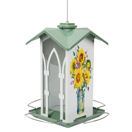 Nature's Way Country Cottage Gazebo Metal Bird Feeder with flower painting, green roof, extended perches, built-in seed diverter, and drainage holes for fresh clean seed.