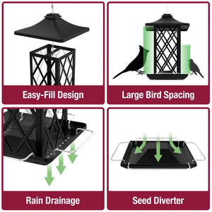 Collage of instructions for Contemporary Lantern Metal Gazebo Feeder with a bird illustration, highlighting large and small bird spacing and drainage features.