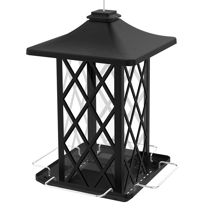 Contemporary Lantern Metal Gazebo Feeder with a glass top, ample perching space, and a channeled base for drainage, designed to attract various bird species.