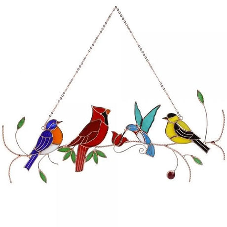 Four Birds on a Branch Suncatcher featuring bluebird, cardinal, hummingbird, and goldfinch in vibrant stained glass, designed for windows or walls with a metal hanger.