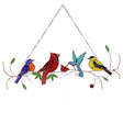 Four Birds on a Branch Suncatcher featuring bluebird, cardinal, hummingbird, and goldfinch in vibrant stained glass, designed for windows or walls with a metal hanger.