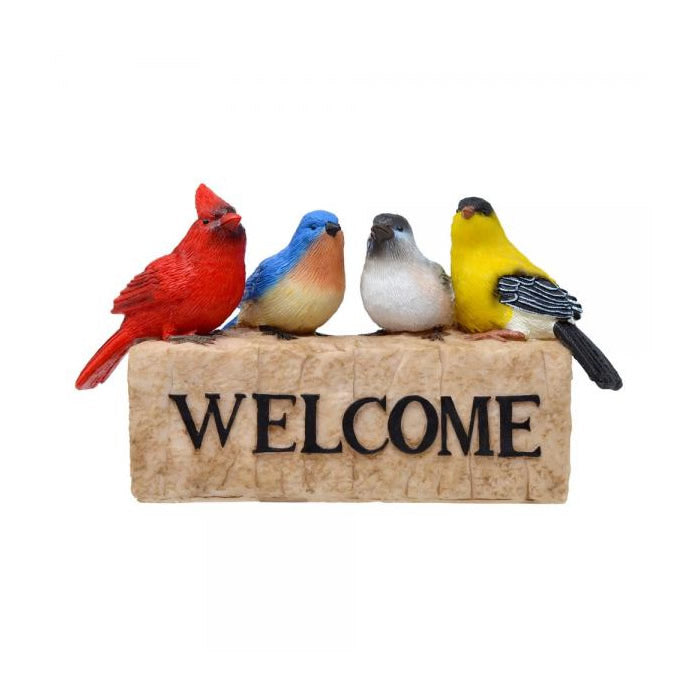 Backyard Birds Welcome Statue featuring four birds on a welcome sign, perfect for adding a whimsical and colorful touch to your garden or porch.