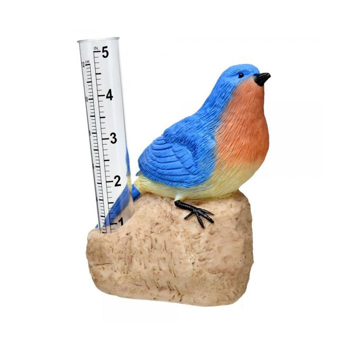 Bluebird Rain Gauge featuring a blue bird statue on a rock with a built-in thermometer, measuring up to 5 inches of rainfall.