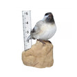 Chickadee Rain Gauge features a bird perched on a rock, with bold numbers for easy reading, measures up to 5 inches of rainfall, and is easily cleanable.