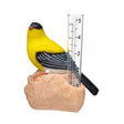 Goldfinch Rain Gauge featuring a yellow bird on a rock, bold numbers, and a thermometer, measuring up to 5 inches of rainfall.