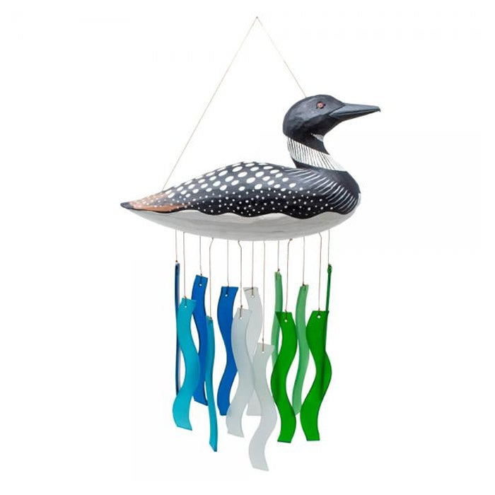 Loon Wavy Glass Wind Chime, handcrafted with a loon bird design, features sandblasted glass pieces and creates soothing melodies in your garden or entryway.