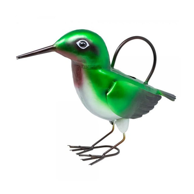 Hummingbird Watering Can with a long beak spout, handcrafted from recycled metal, perfect for indoor and outdoor gardening.