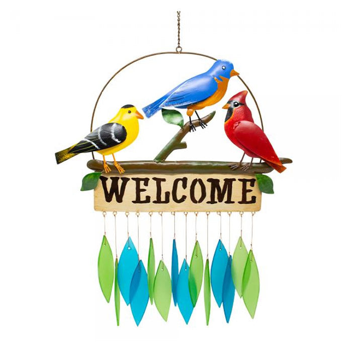 Songbird Trio Welcome Glass Wind Chime: Handcrafted wind chime featuring three decorative birds on branches, made of metal and sandblasted glass, perfect for indoor or outdoor décor.