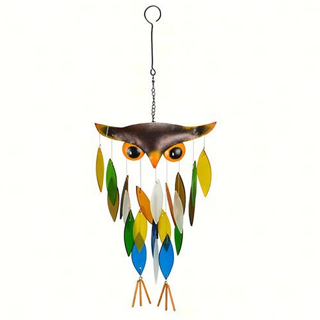 Owl Wind Chime featuring an owl face made of sandblasted glass, with smooth pieces connected by nylon thread, hanging from driftwood.