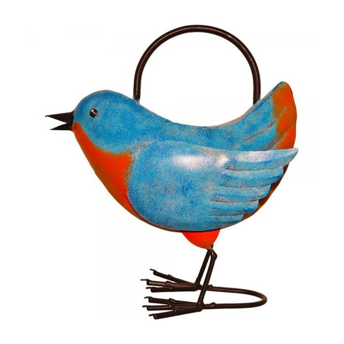 Bluebird Watering Can: Handcrafted, hand-painted bluebird figurine, beak as spout, with handle for easy pouring. Made from recycled metal, perfect for gardeners.