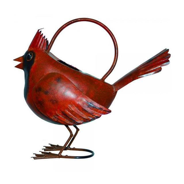 Cardinal Watering Can: Handcrafted, red metal watering can shaped like a cardinal, featuring a handle and spout for easy pouring.