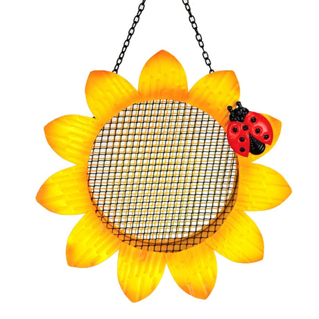 Sunflower Mesh Bird Feeder: Decorative sunflower-shaped mesh feeder with a red ladybug, designed for small clinging birds. Includes a hanging chain for easy installation.