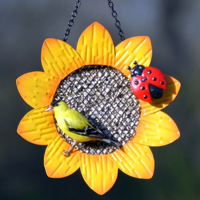 Sunflower Mesh Bird Feeder with wire mesh, designed for small clinging birds, featuring a decorative red ladybug accent and a hanging chain.